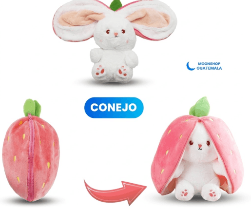 Peluche Conejo Fresa que respira color rosado relajante con luz y sonido alivia la ansiedad mejora el sueño 35 cm