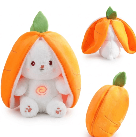 Peluche Conejo Zanahoria que respira color naranja relajante con luz y sonido alivia la ansiedad mejora el sueño 35 cm