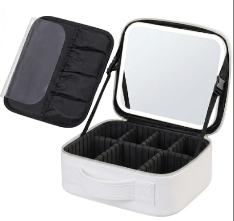 Cosmetiquera de Maquillaje con espejo LED organizador cosmético portátil con divisores ajustables y porta brochas color rosado