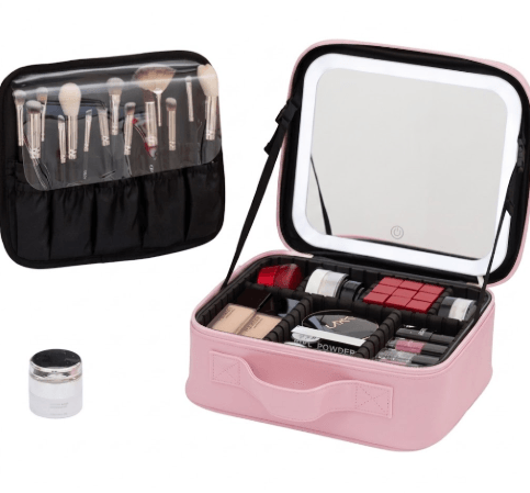Cosmetiquera de Maquillaje con espejo LED organizador cosmético portátil con divisores ajustables color rosada