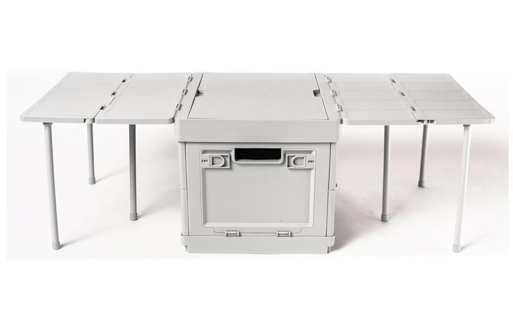 Contenedor plegable y mesa potable para exterior