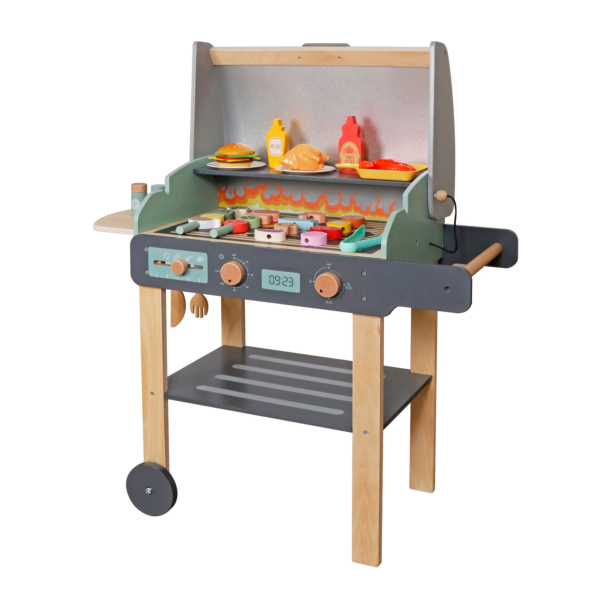 Parrilla BBQ de madera juguete Montessori con accesorios modelo W10D879