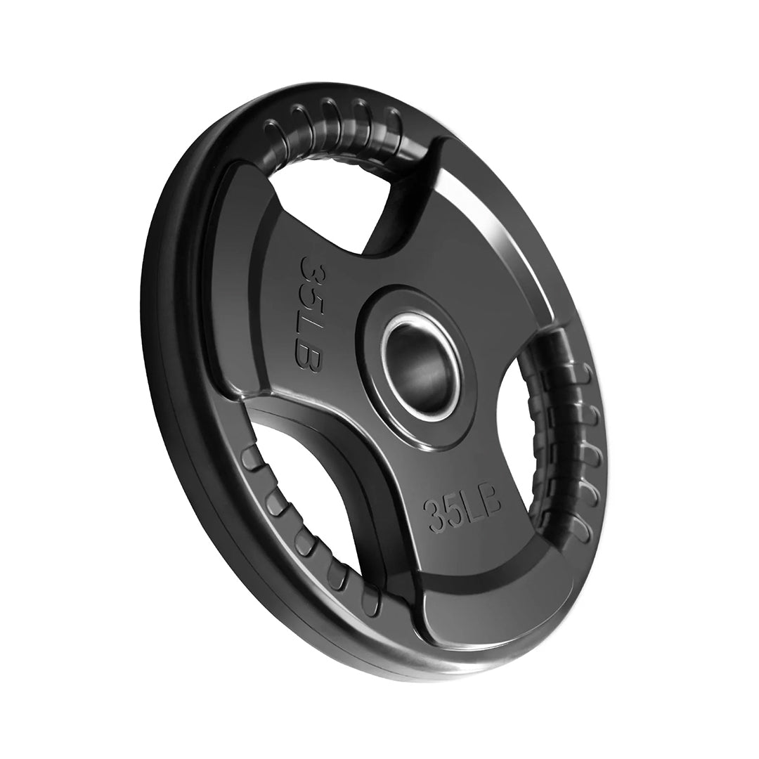 Disco olimpico de 3 agarres negro de 35 lb