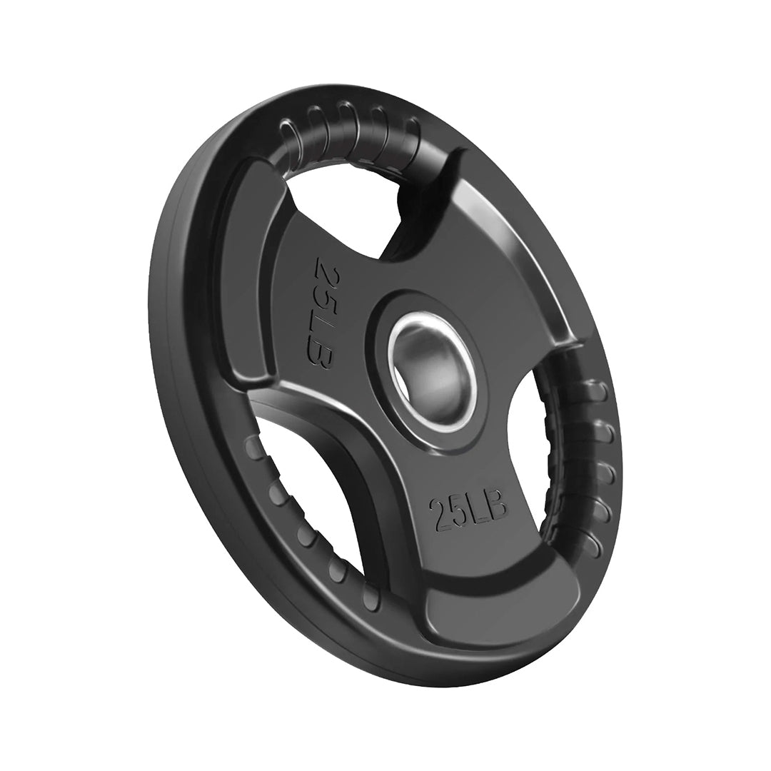 Disco olimpico de 3 agarres negro de 25 lb