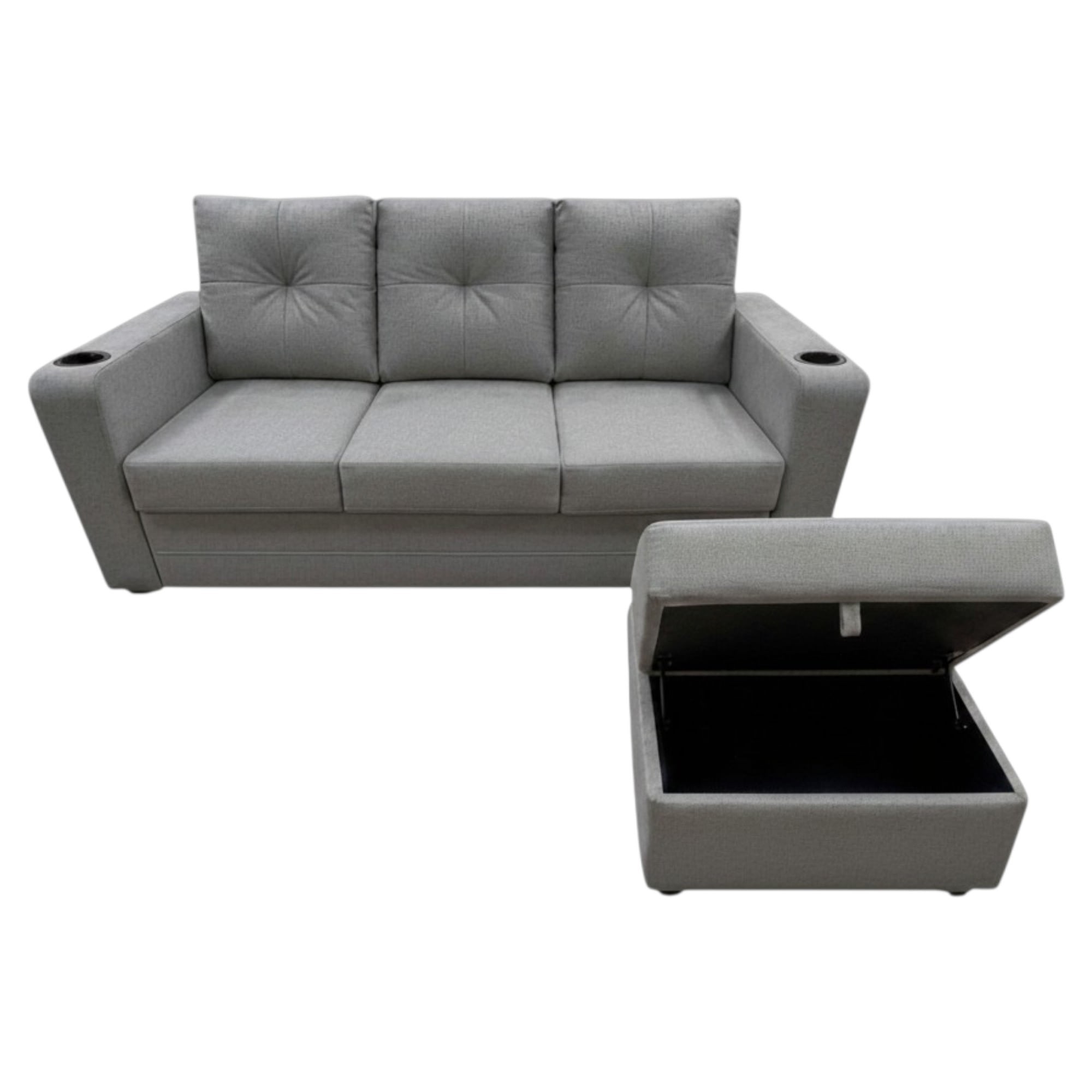 Sillón de 3 Plazas Gris con Portavasos y Otomán con Cofre de Almacenamiento