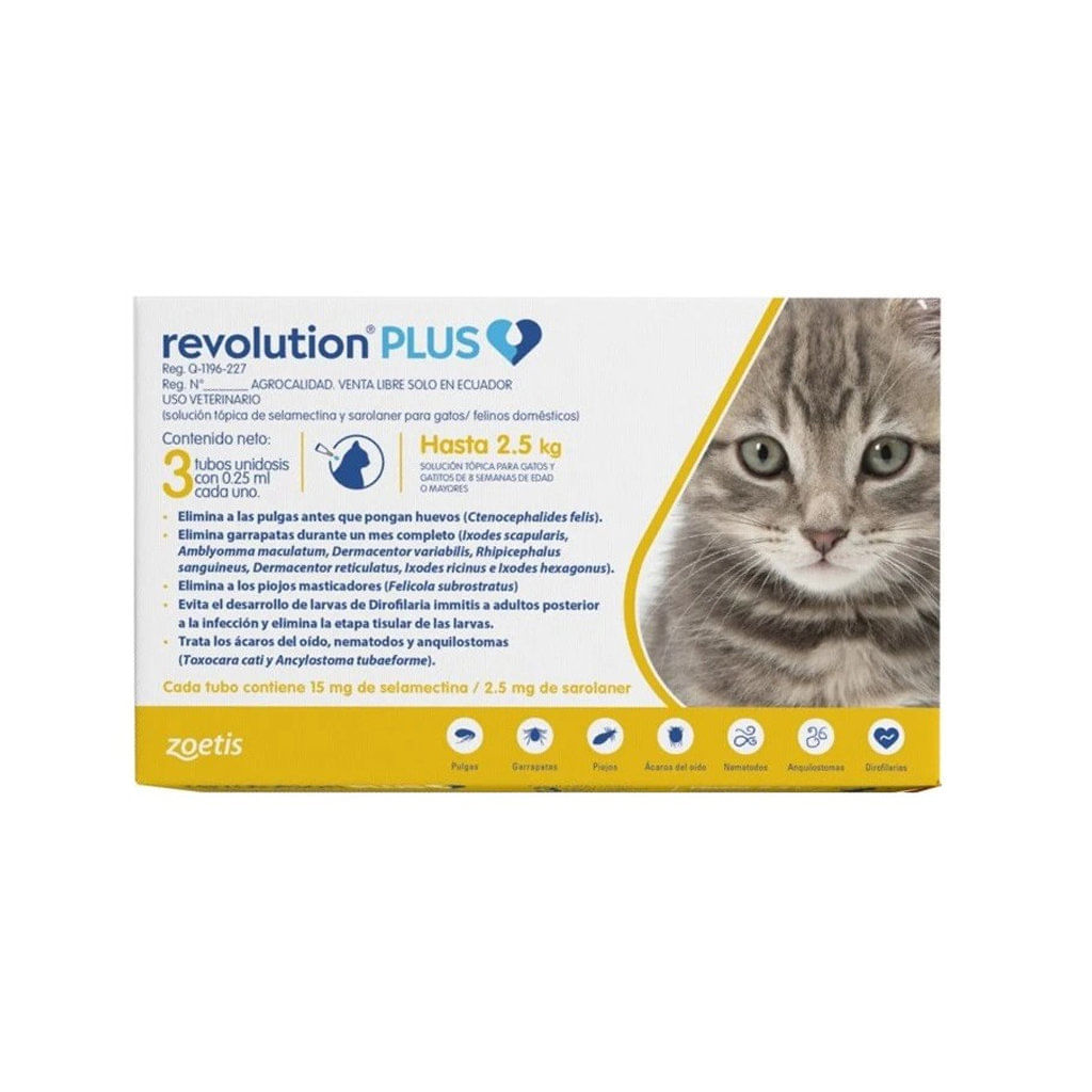Antipulgas para gato pipeta Para Gato Revolution Plus Amarilla Hasta 2.5kg (Caja 3 Tableta…