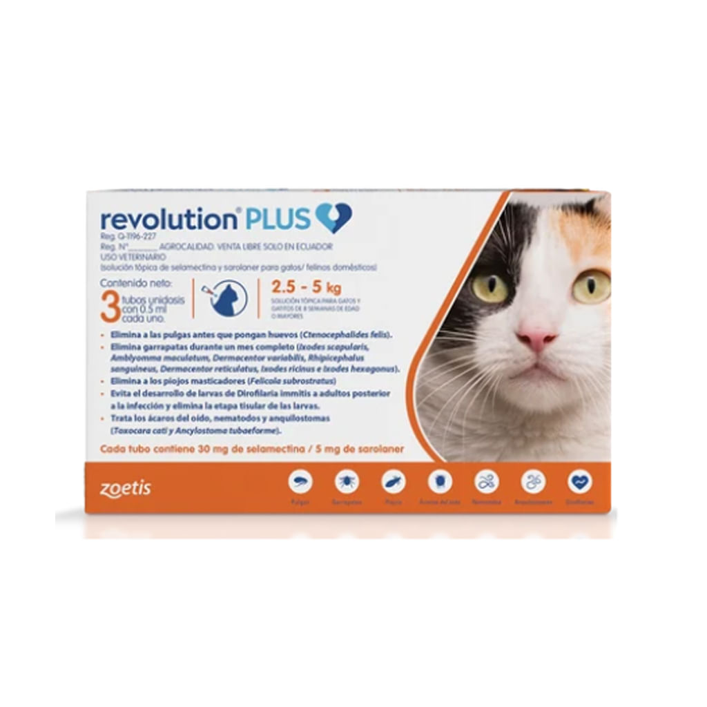 Antipulgas para gato pipeta para Gato Revolution Plus 2.5kg a 5kg (Caja 3 Tabletas)