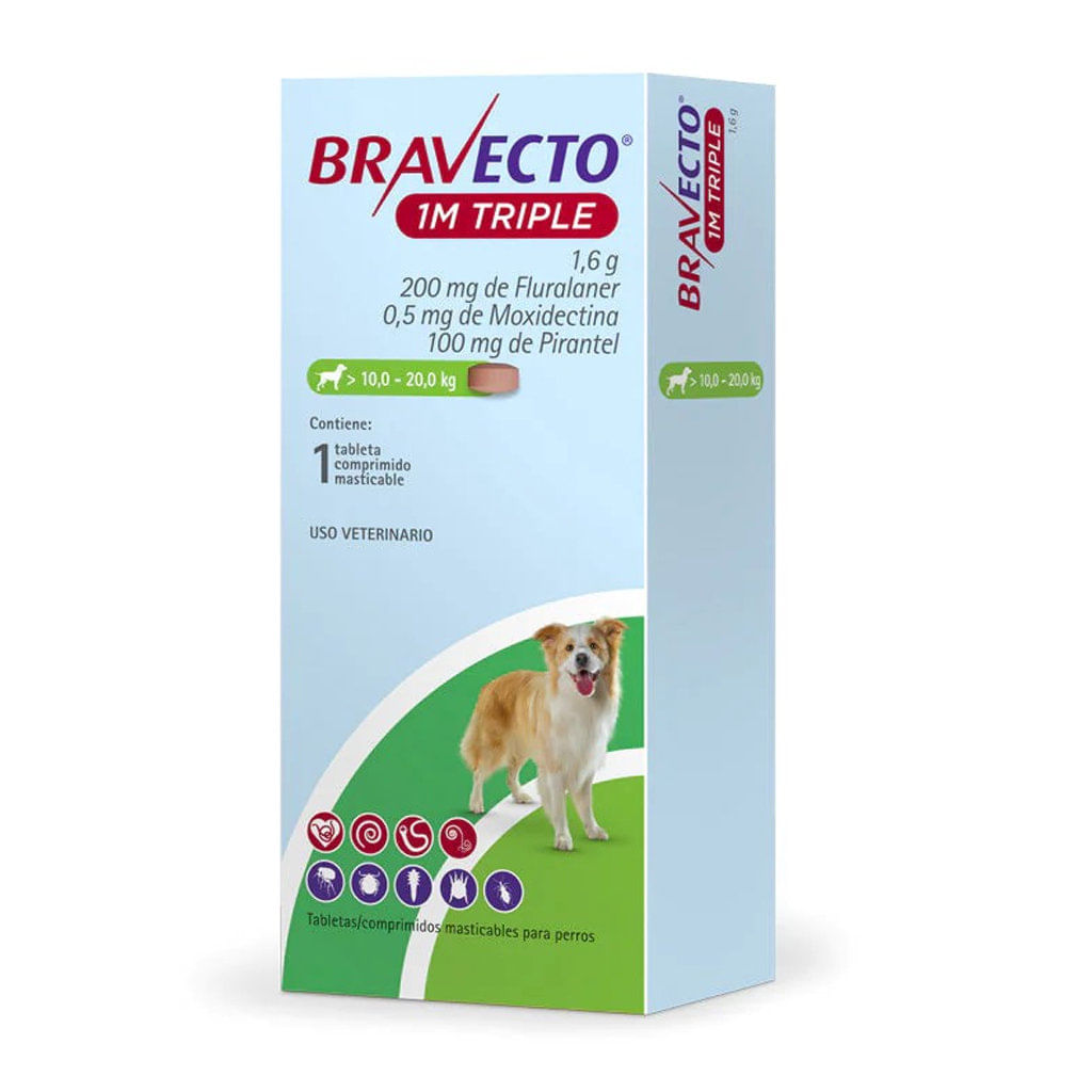 Antipulgas para perro Bravecto 1M triple - 10kg a 20kg (1 Tableta)