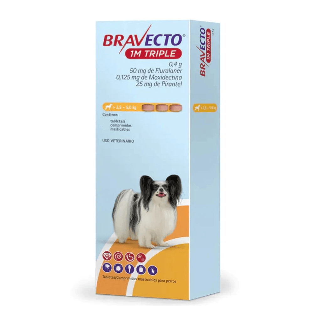 Antipulgas para perro Bravecto 1M Triple - 2.5kg a 5kg (1 tableta)