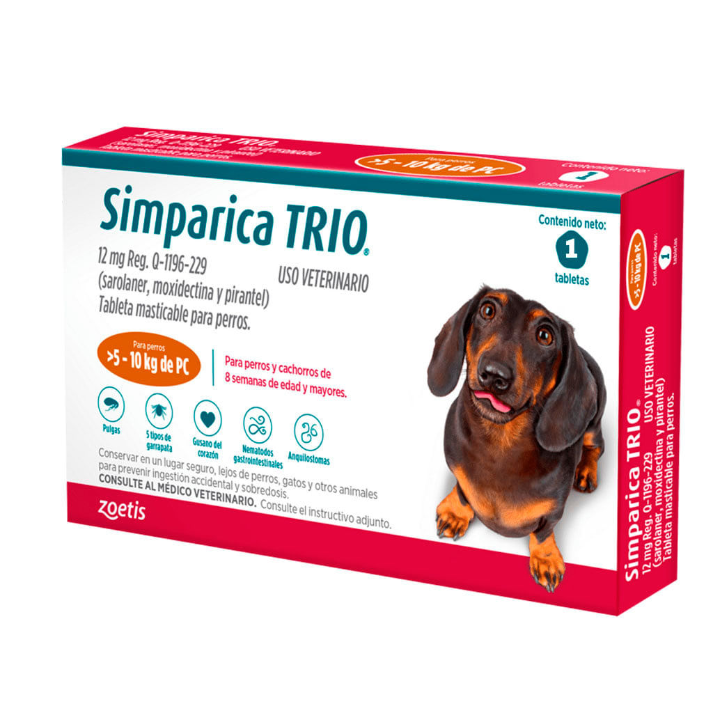 Antipulgas para perro Simparica trio 12mg 5-10kg (3 tabletas)
