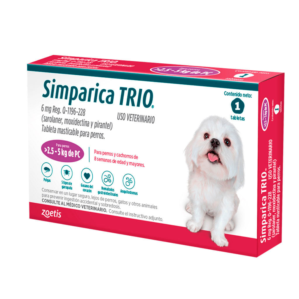 Antipulgas para perro Simparica trio 6mg 2.5-5kg (3 tabletas)