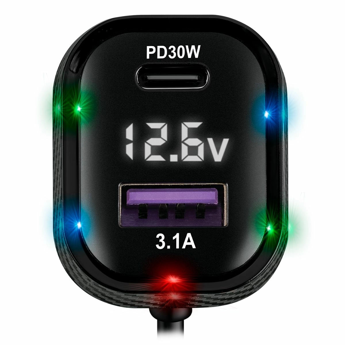 Cargador Green Leaf 3 Ptos Usb 2 Ptos Tipo C Luz Led 3.1A Carga Rapida Mitzu 30W Negro