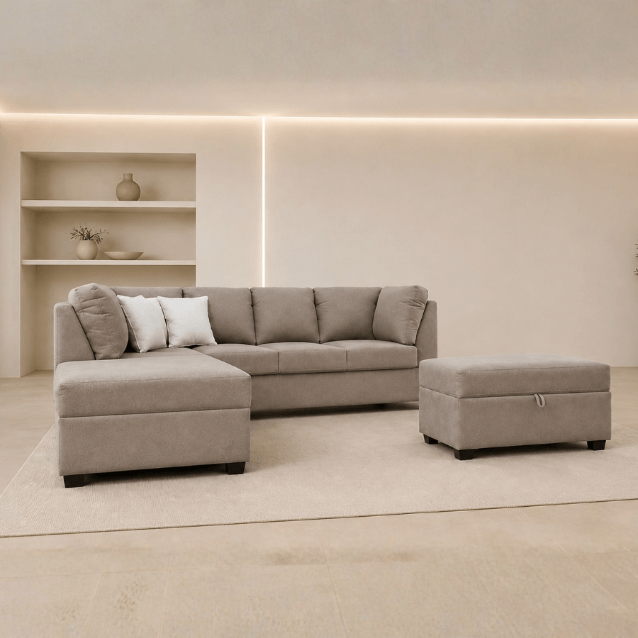 Sala modular belgica con canape izquierdo + otoman tipo baul tela sued beige