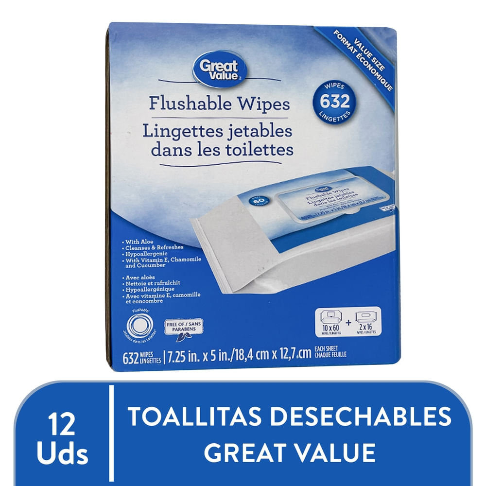 Toallas Húmedas Desechables Flushables Marca Great Value Hipoalergénica Con Aloe - 632 Uni…