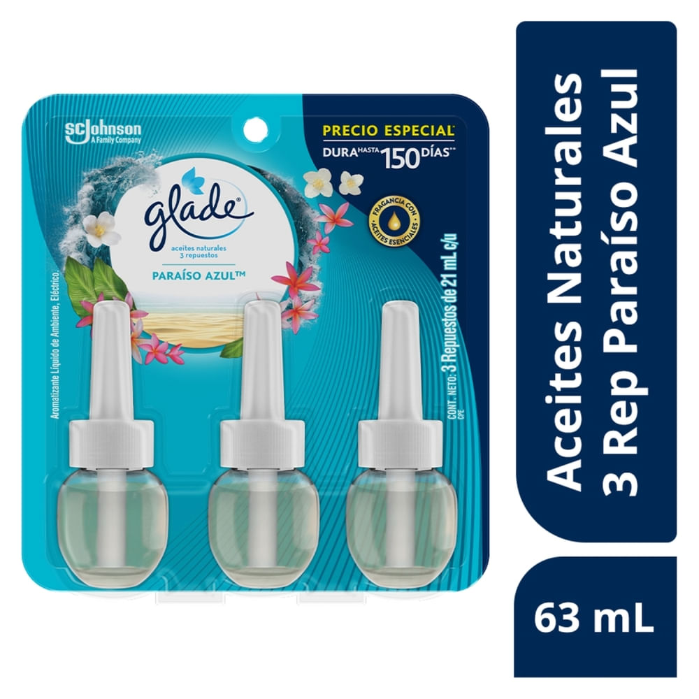 Aromatizante Glade Aceites Naturales Paraiso Azul 3 Repuestos - 63ml