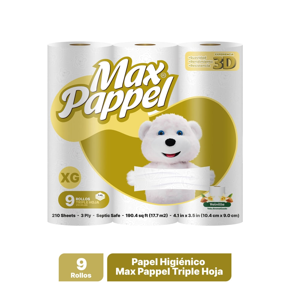 Papel higienico Max Pappel Vainilla Hoja Triple -9 Rollos