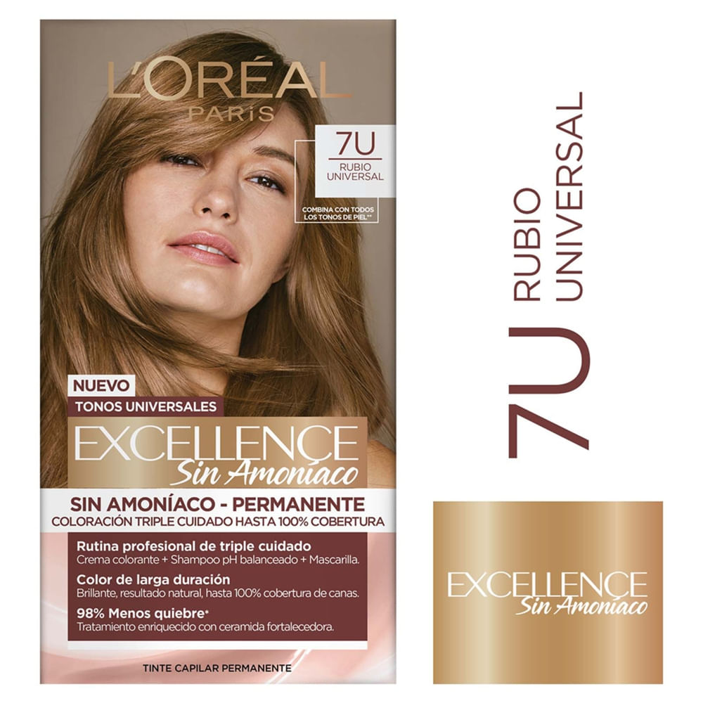 Tintura Permanente L´Oreal Excellence Sin Amoníaco Tono Rubio Universal 7U - 1Uds