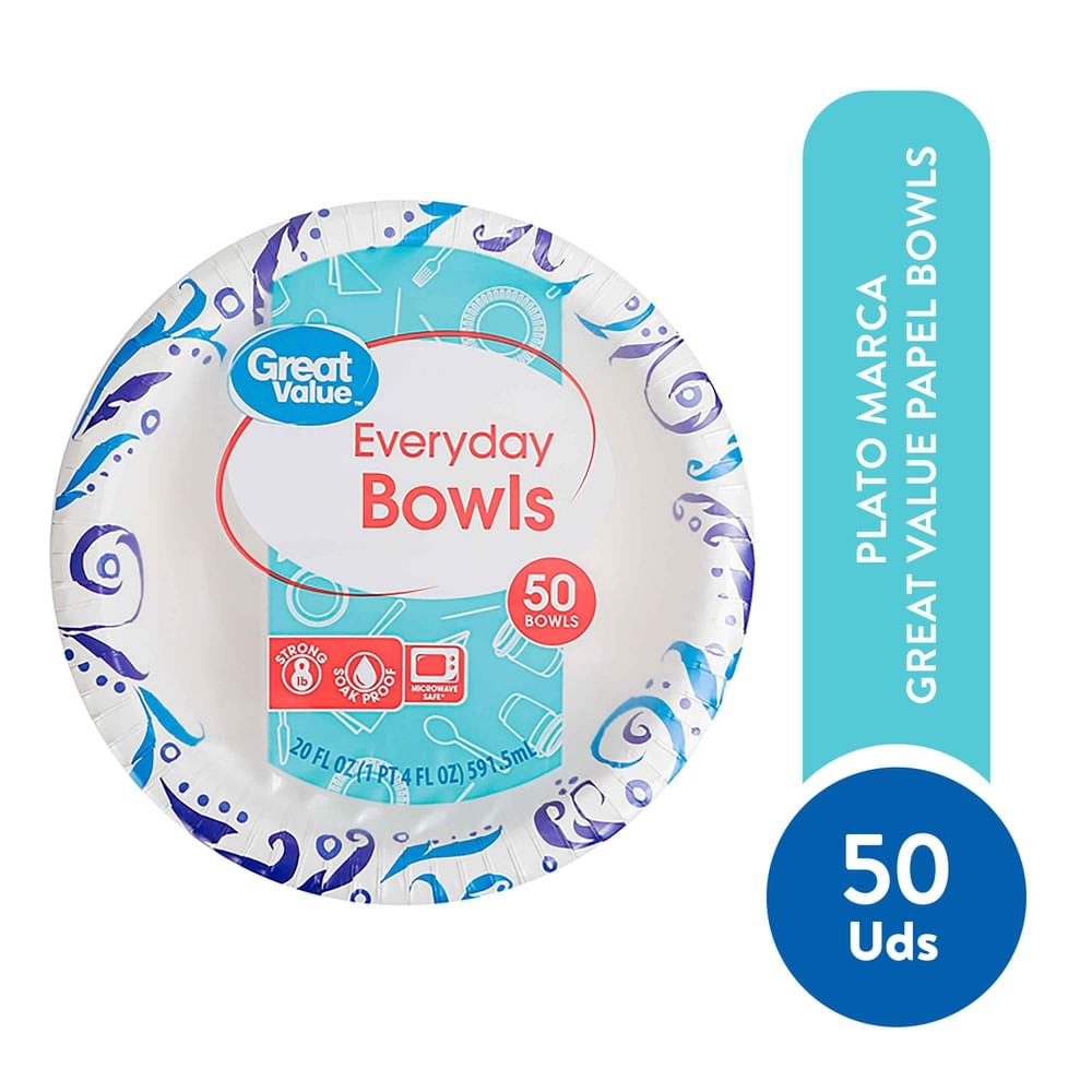 Plato Great Value Desechable Papel Bowls - 50 Uds