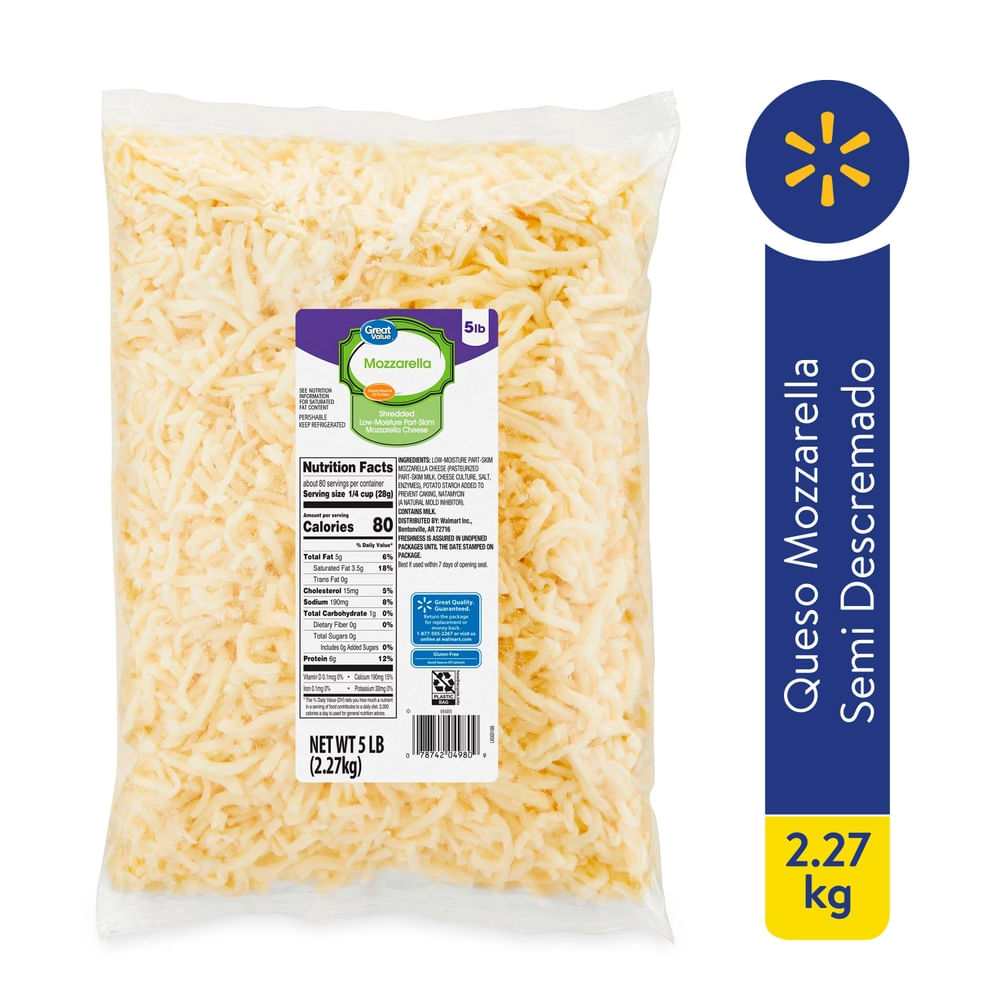 Queso mozzarella Great Value semidescremado rallado - 2.27 kg
