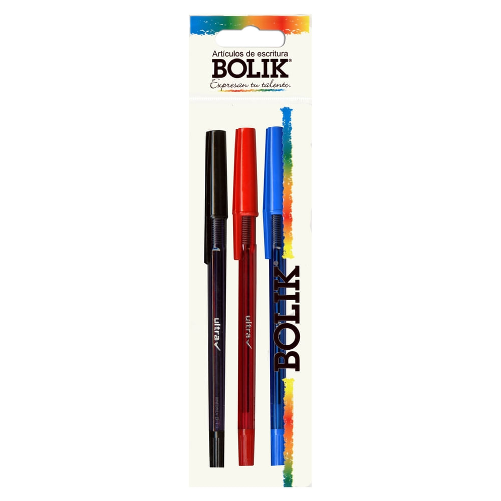 Bolígrafo Bolik colores rojo, negro y azul - 3 Pzas