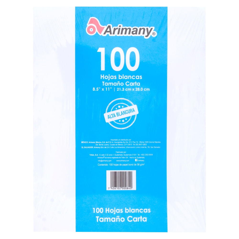 Hojas Arimany blanco tamaño carta 100 hojas - 60 g