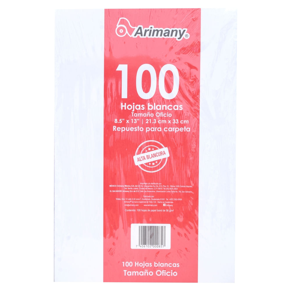 Hojas Arimany blanco tamaño oficio 100 hojas - 60 g