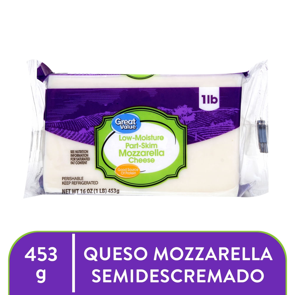 Queso Great Value Mozzarella Semidescremado - 453 g