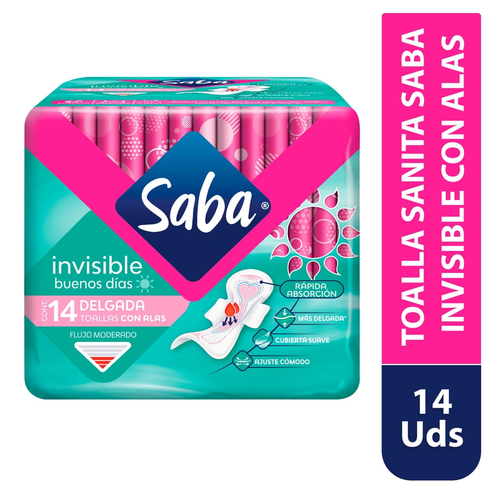Toallas Femeninas Saba Invisible Delgada Flujo Moderado Con Alas - 14 uds