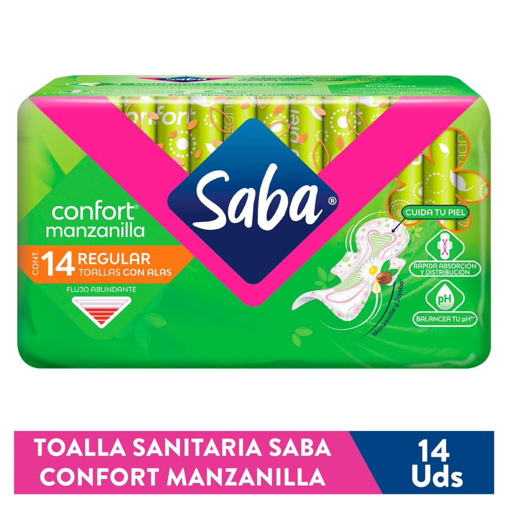 Toallas Femeninas Saba Confort Manzanilla Flujo Abundante Regular Con Alas - 14 Uds