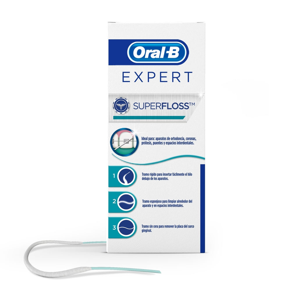 Hilo Dental Oral-B Expert Super Floss Ortodoncia Coronas Prótesis Puentes - 50 Uds