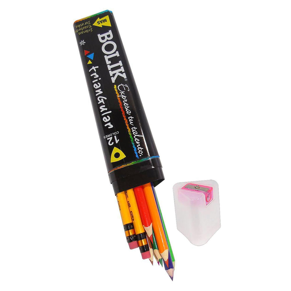 Lápices Bolik de colores de madera diseño triangular con sacapuntas y lápiz grafito - 15 P…