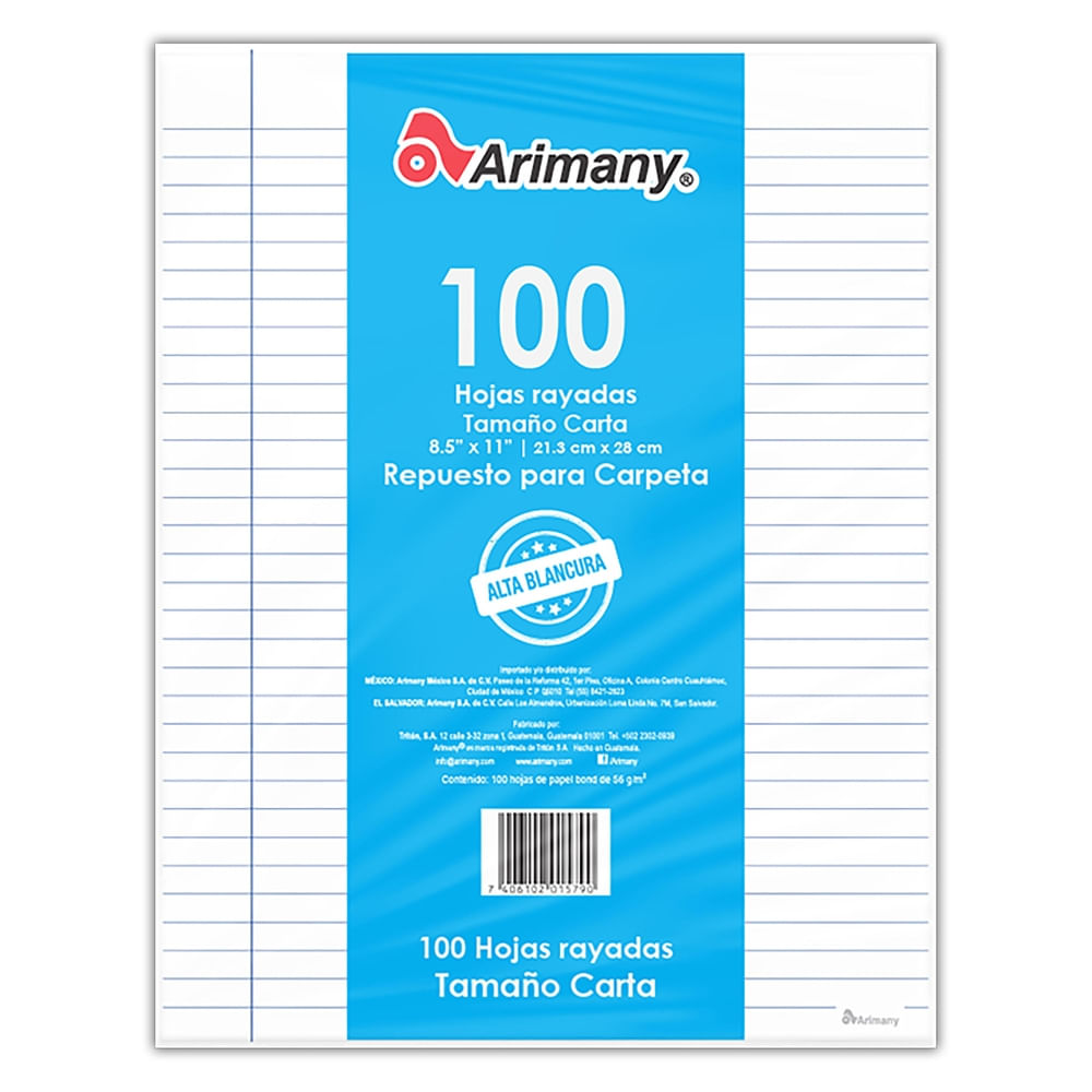 Hojas Arimany rayadas tamaño carta - 100 hojas