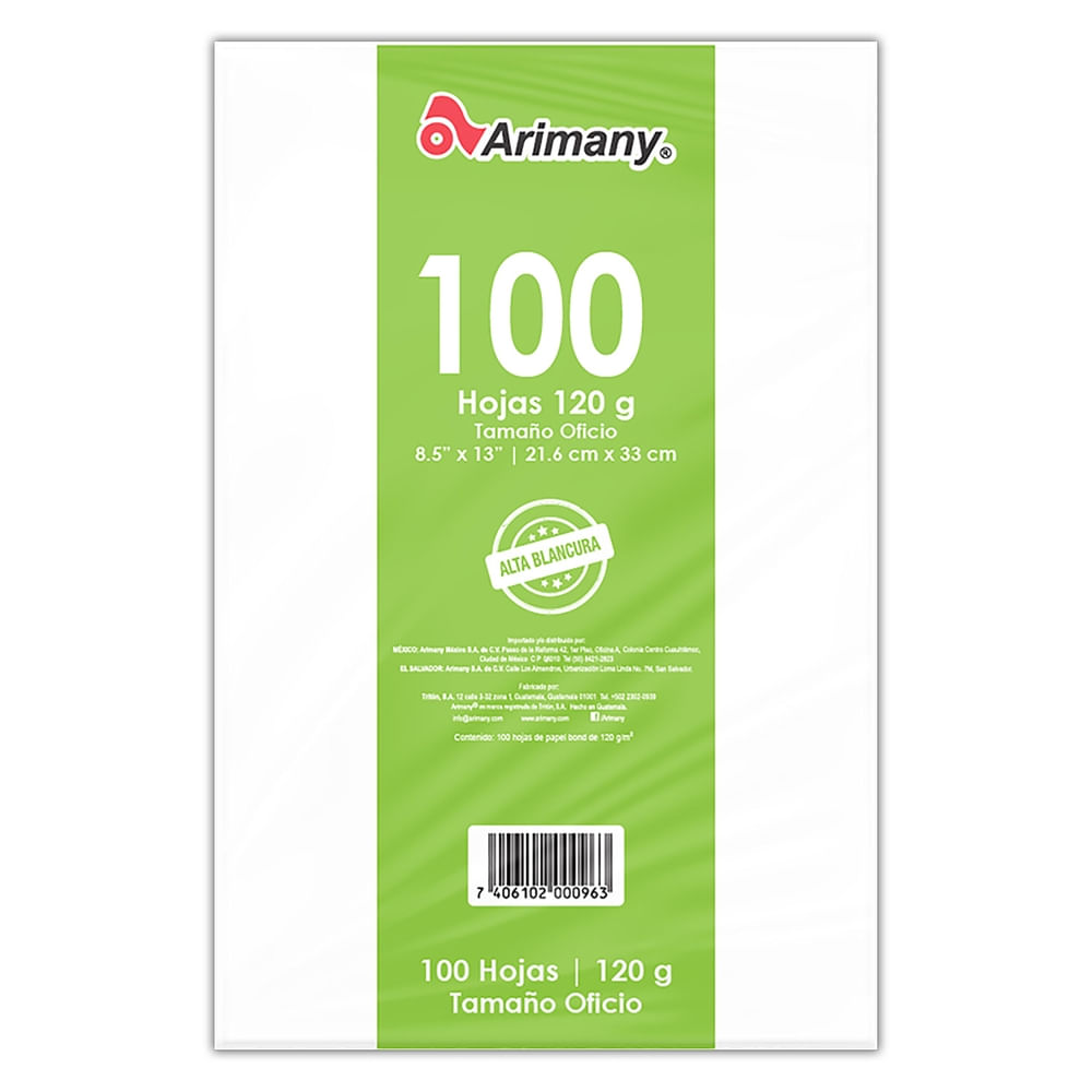 Hojas bond Arimany blancas tamaño oficio -100 Uds