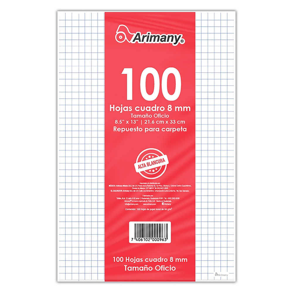 Hojas Arimany cuadriculadas tamaño oficio - 100 hojas