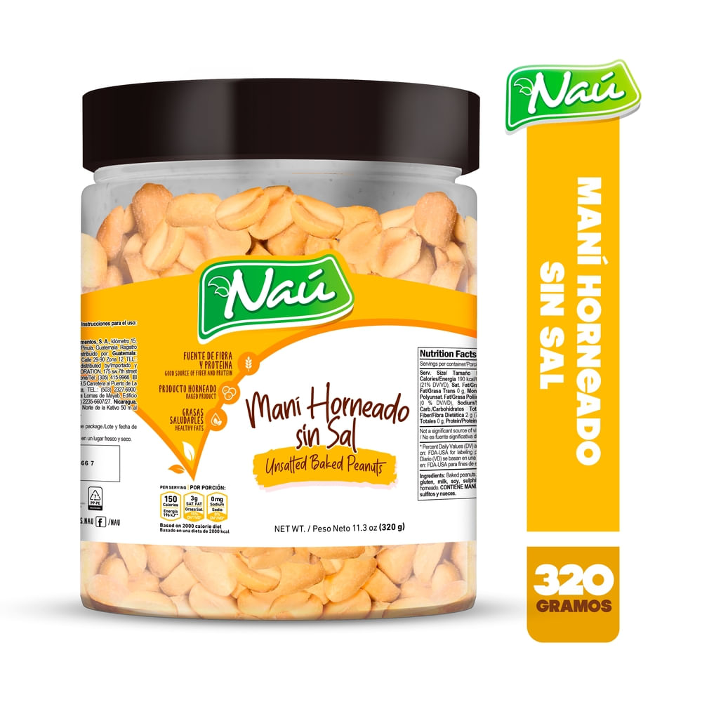 Snack Nau maní horneado sin sal bote - 320 g