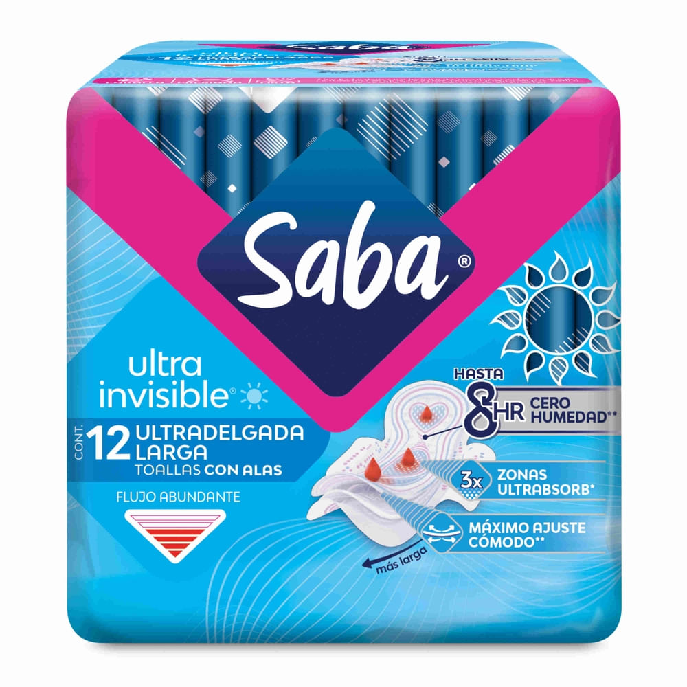 Toallas Femeninas Saba Ultra Invisible Ultradelgada Larga Flujo Abundante Con Alas - 12 Uds