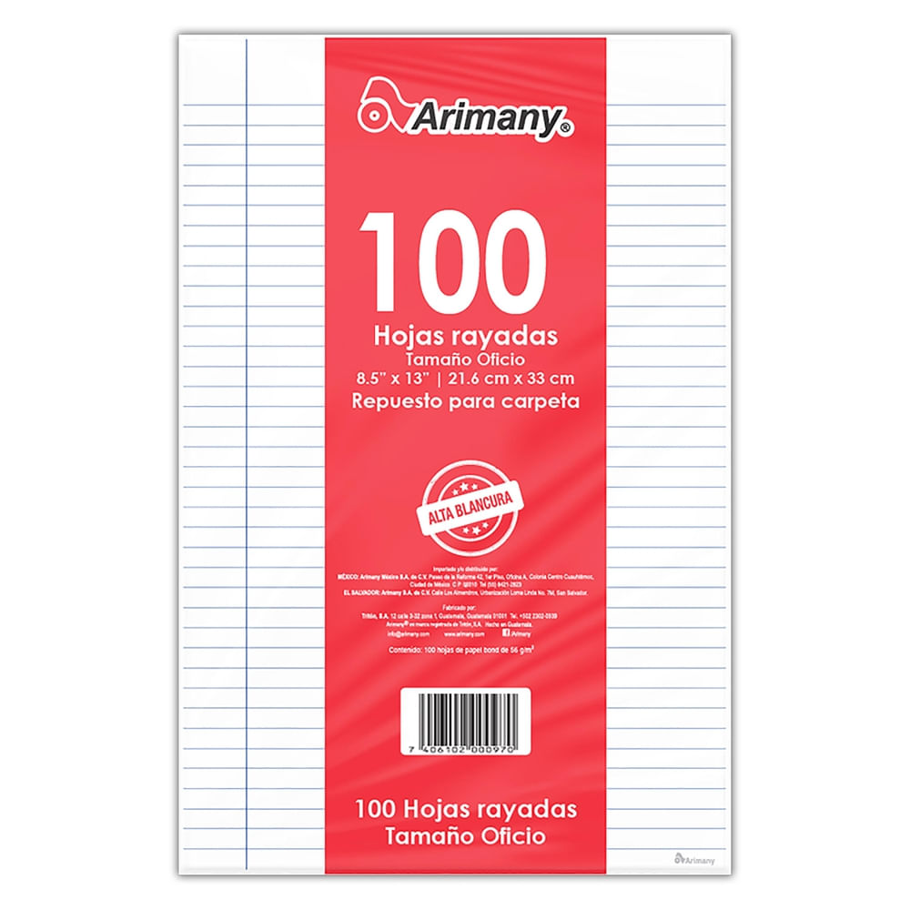Hojas Arimany rayadas tamaño oficio 100 hojas - 60 g