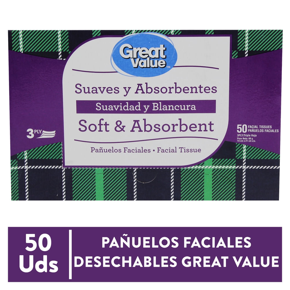 Pañuelos Faciales Desechables Marca Great Value 3 Pack - 50 Unidades