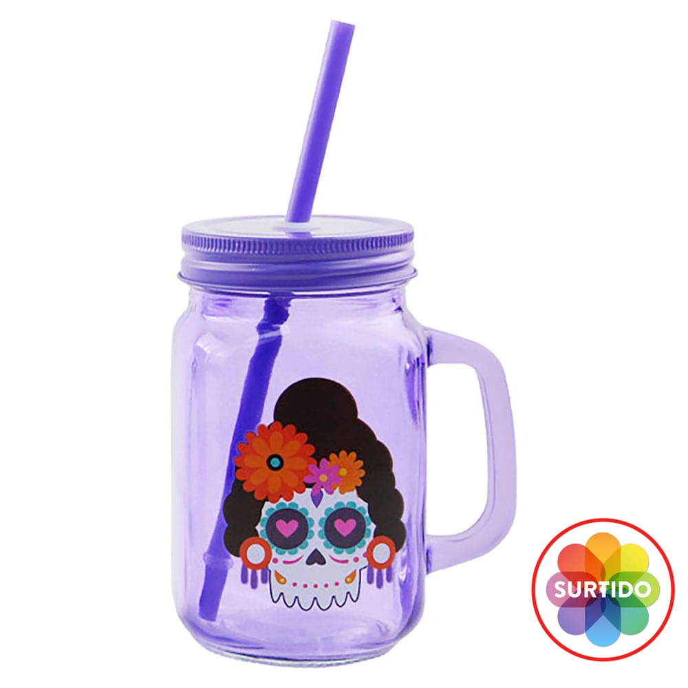 Jarra Way To Celebrate Catrinas con asa, tapa y pajilla Halloween - 470 ml