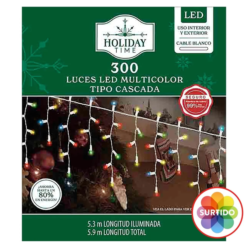Luces LED Holiday Time en cascada cálidas y multicolor Navidad serie de 300 luces