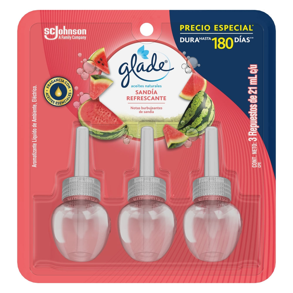 Aromatizante Glade Aceites Naturales Sandía Refrescante 3 Repuestos - 63 ml