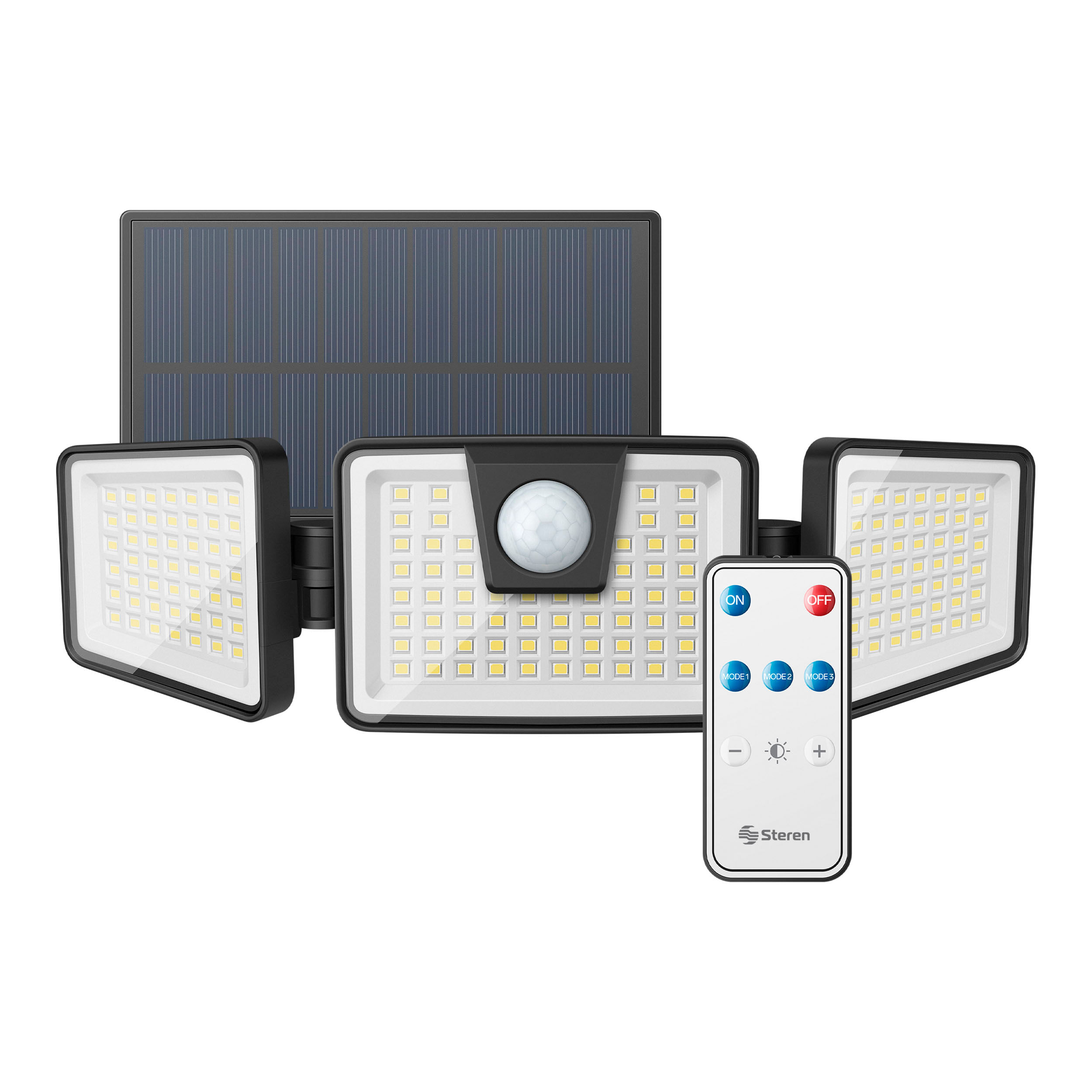 Reflector Steren LED con sensor de movimiento panel solar batería recargable y control rem…
