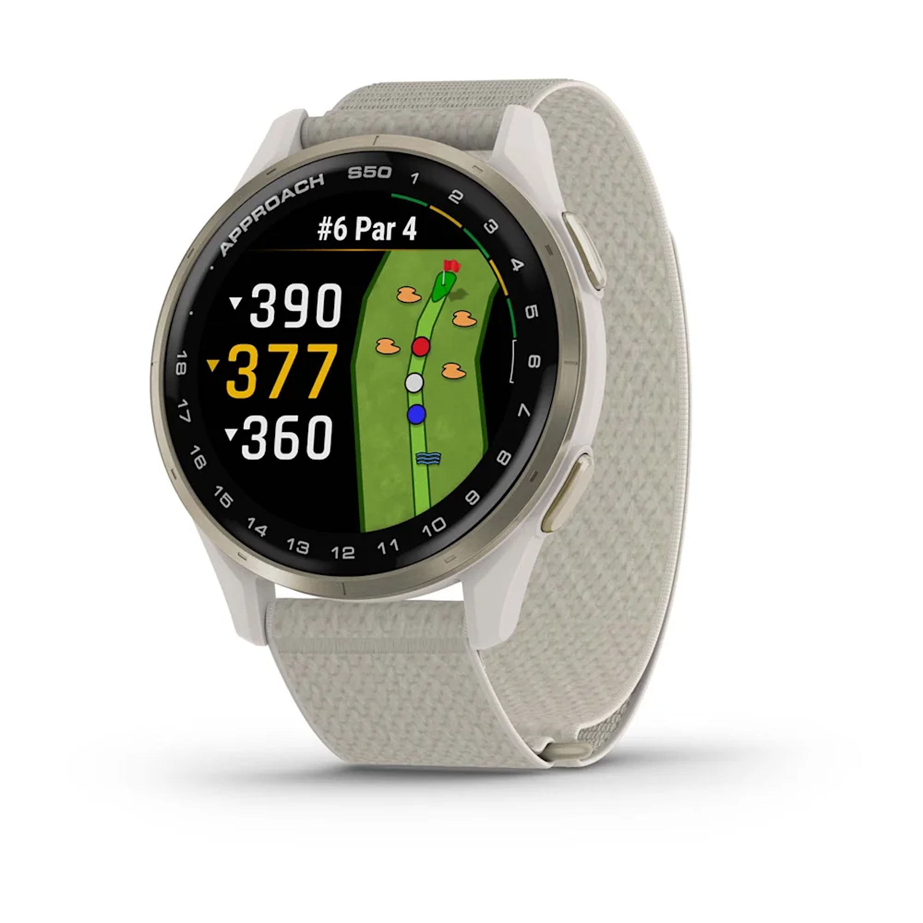 Reloj Garmin Approach S50 Bisel de aluminio oro crema con correa nailon Confort Fit beige