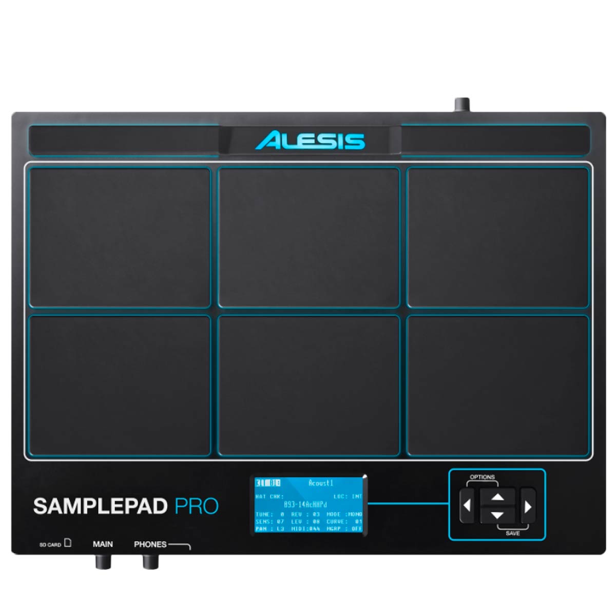 SamplePad Alesis Pro con 8 Almohadillas de Goma Iluminación LED Azul y Pantalla LCD