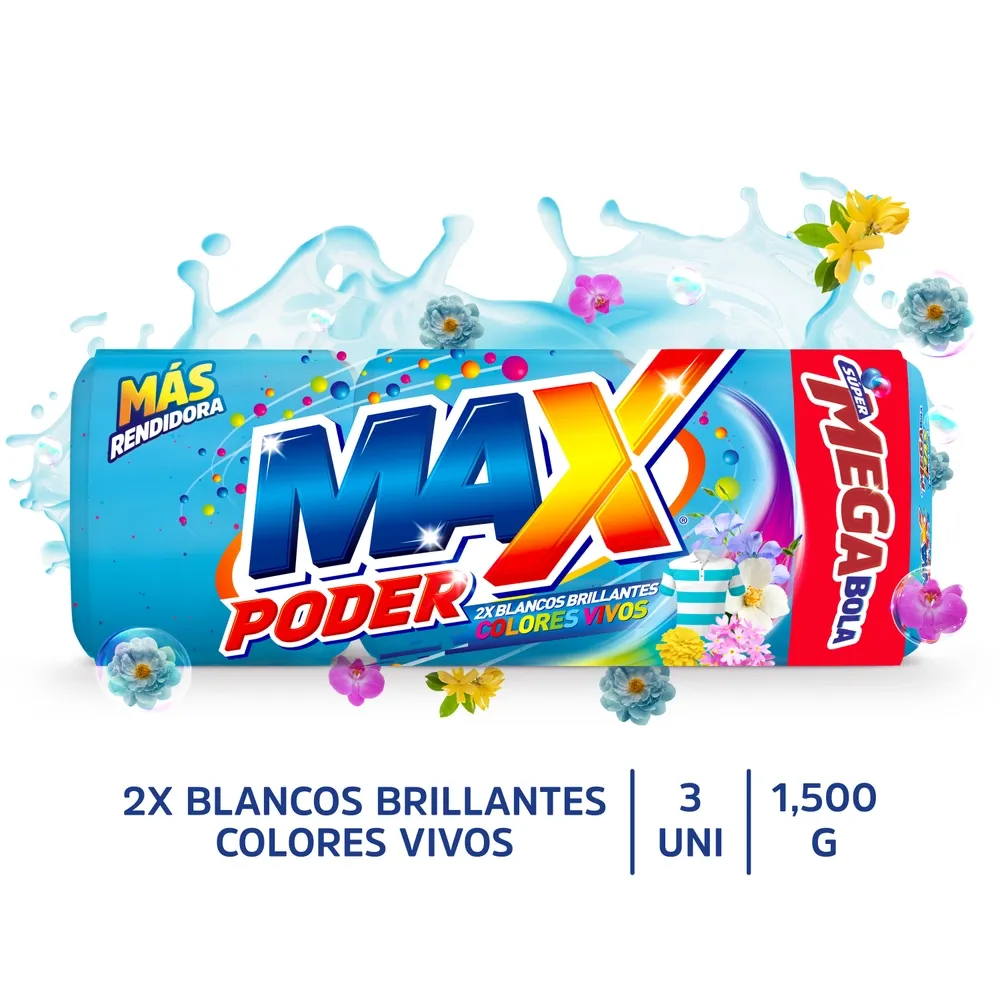 Jabón Max Poder Mega Bola Azul Blacos Brillantes Colores Vivos - 1,500 g